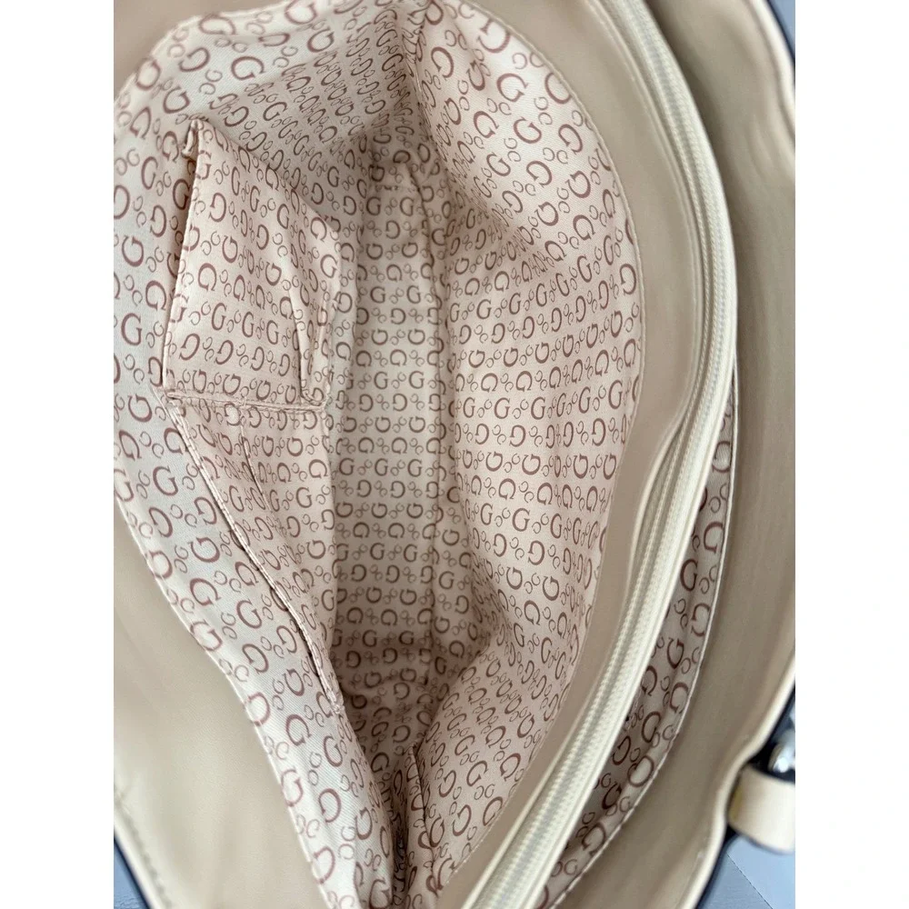 GUESS Tote Bag Womens Large Cream Tan Good Monogram Logo Print Shoulder Bag
